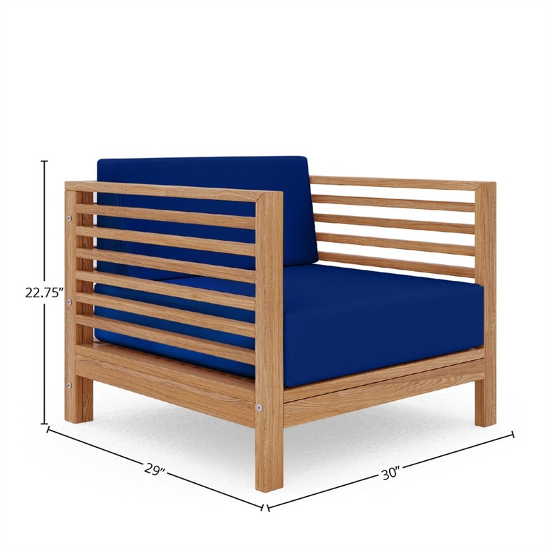 Pemberly Row Modern Teak Outdoor Club Chair with True Blue Cushion