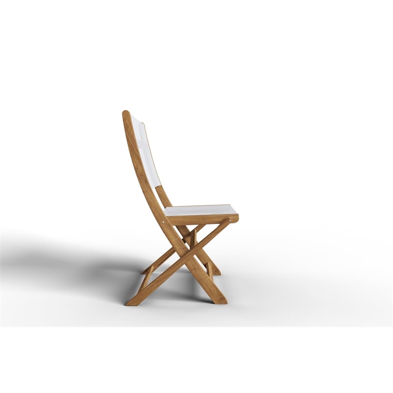 Pemberly Row Modern Teak Outdoor Folding Chair in White Dura-Sling Fabric