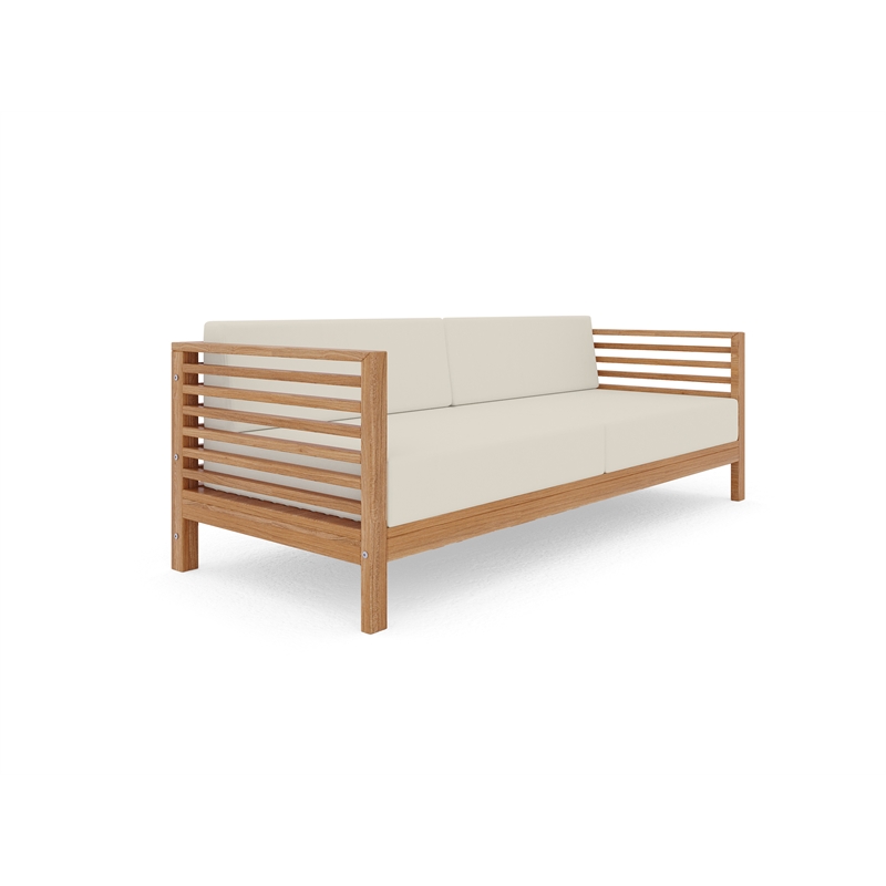 Pemberly Row Traditional 3-Person Teak Outdoor Sofa with Canvas Cushions in Tan