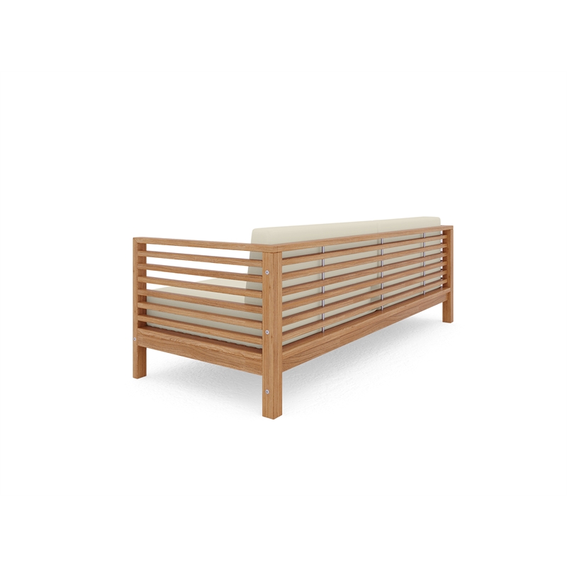 Pemberly Row Traditional 3-Person Teak Outdoor Sofa with Canvas Cushions in Tan