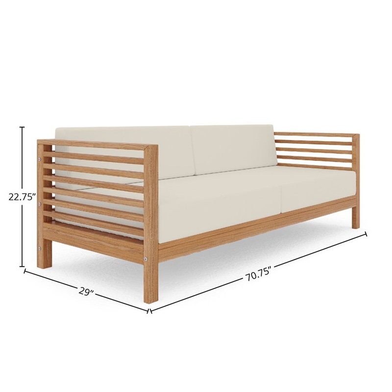 Pemberly Row Traditional 3-Person Teak Outdoor Sofa with Canvas Cushions in Tan
