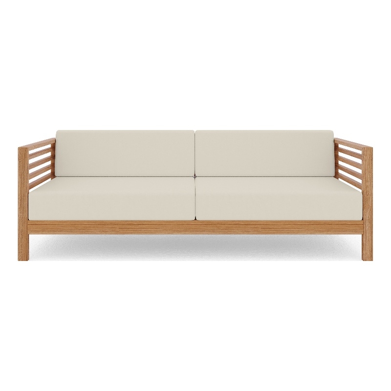 Pemberly Row Traditional 3-Person Teak Outdoor Sofa with Canvas Cushions in Tan