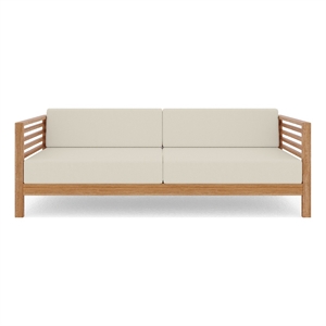 Pemberly Row Traditional 3-Person Teak Outdoor Sofa with Canvas Cushions in Tan