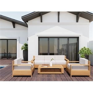 Pemberly Row Traditional 4-Piece Teak Outdoor Patio Deep Seating Set in Tan