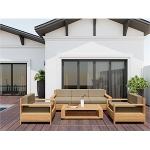 Pemberly Row 4-Piece Teak Outdoor Patio Deep Seating Set w/ Fawn Cushions
