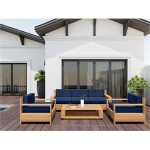 Pemberly Row 4-Piece Teak Outdoor Patio Deep Seating Set w/ Navy Cushions
