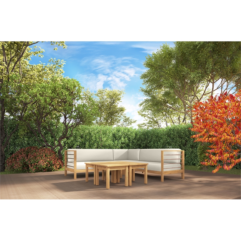 Pemberly Row Teak Outdoor Sectional Corner with Canvas Cushion in Tan