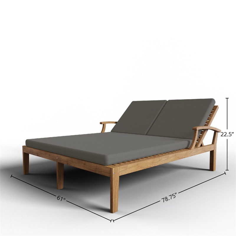 Pemberly Row Traditional Outdoor Teak Double Reclining Sunlounger with Charcoal