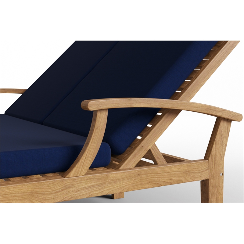 Pemberly Row Outdoor Teak Double Reclining Sunlounger w/ Navy Cushion