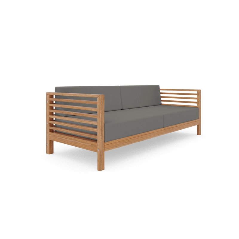 Pemberly Row Traditional 3-Person Teak Outdoor Sofa with Charcoal Cushions