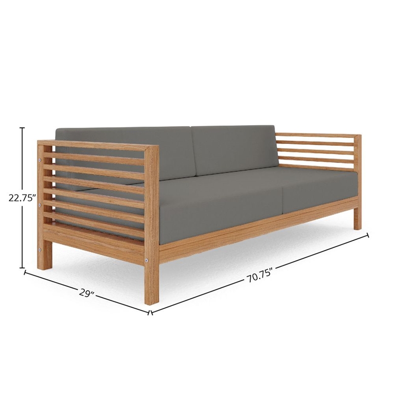 Pemberly Row Traditional 3-Person Teak Outdoor Sofa with Charcoal Cushions