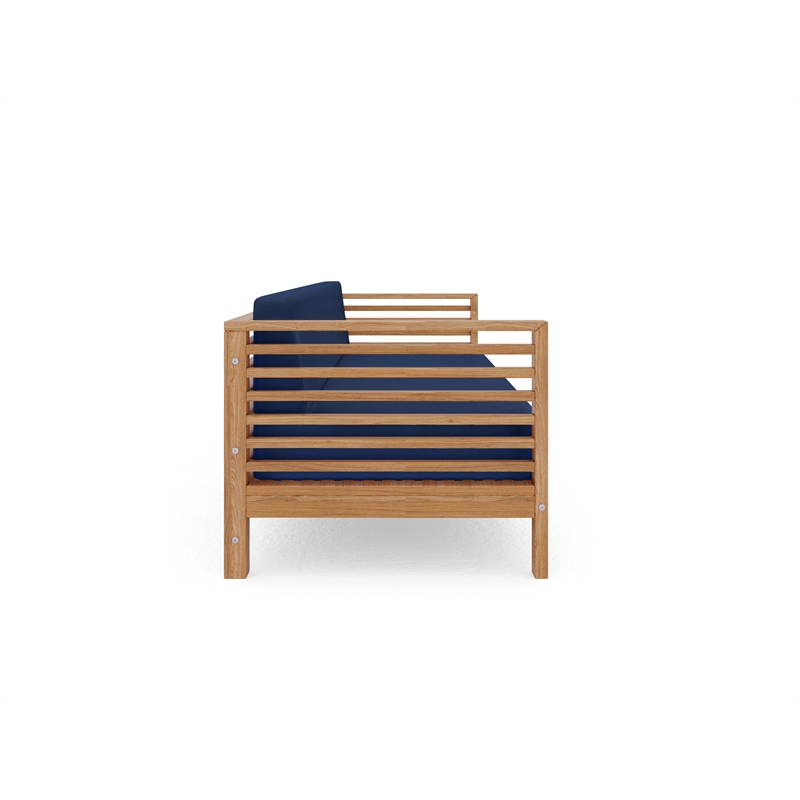 Pemberly Row Traditional 3-Person Teak Outdoor Sofa with Navy Cushions
