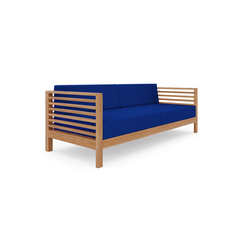 Pemberly Row Traditional 3-Person Teak Outdoor Sofa with True Blue Cushions