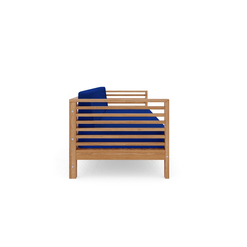 Pemberly Row Traditional 3-Person Teak Outdoor Sofa with True Blue Cushions