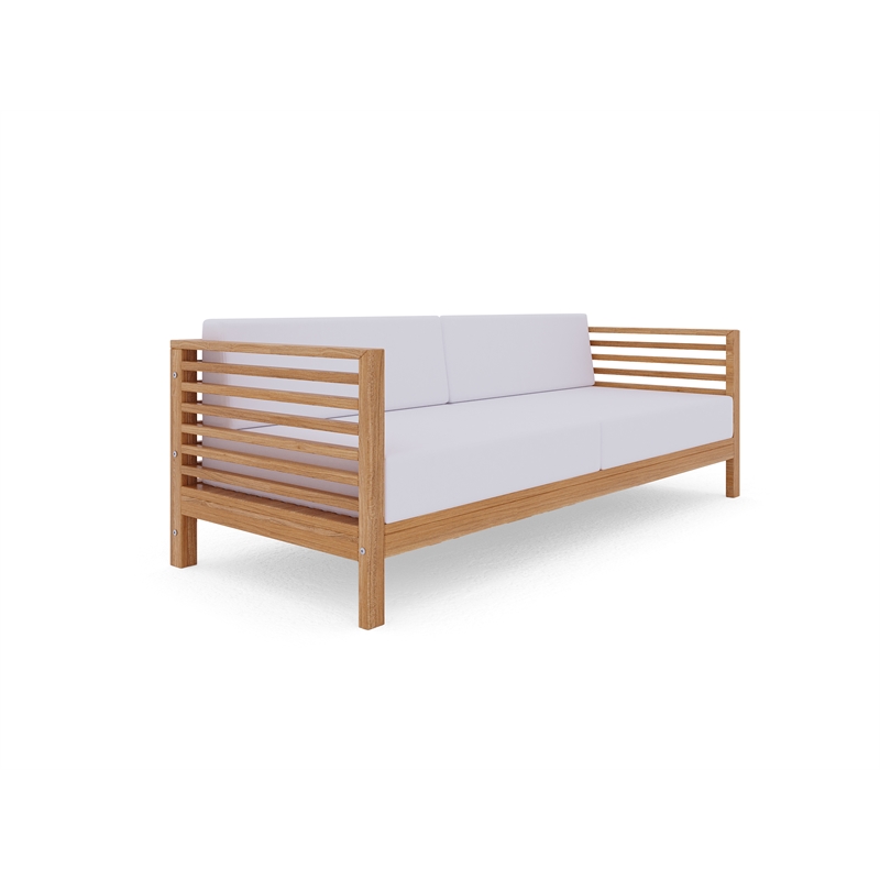 Pemberly Row Traditional 3-Person Teak Outdoor Sofa with White Cushions