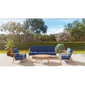 Pemberly Row 4-Piece Teak Outdoor Patio Deep Seating Set w/ Navy Cushions