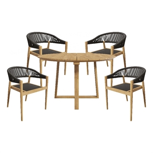 Pemberly Row 5-Piece Round Teak Outdoor Dining Set with Armchairs Black