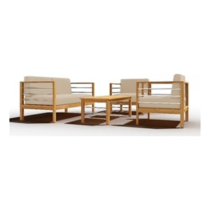 Pemberly Row 4-Piece Teak Outdoor Patio Deep Seating Set w/ Fawn Cushions