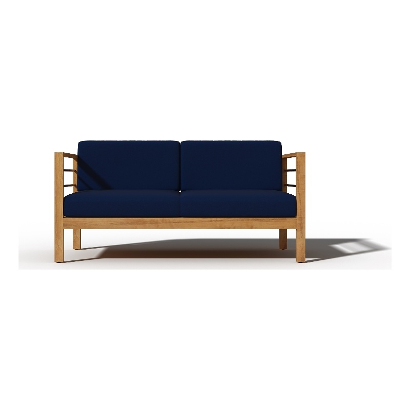 Pemberly Row Traditional 3-Person Teak Outdoor Sofa with Navy Cushions