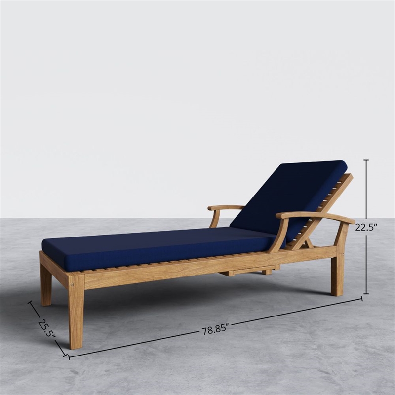 Pemberly Row Traditional Outdoor Teak Reclining Sunlounger with Cushion In Navy