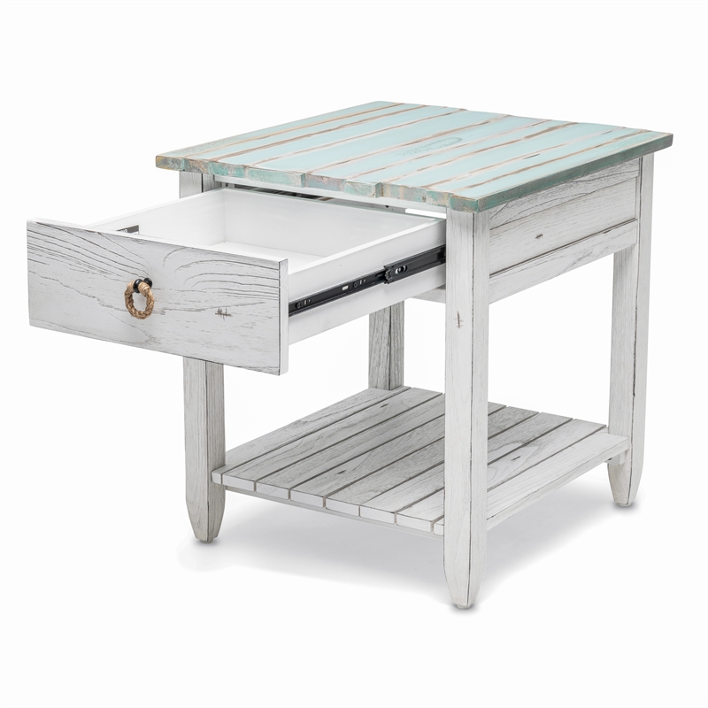 Pemberly Row Contemporary Wood End Table with Drawer in White/Blue