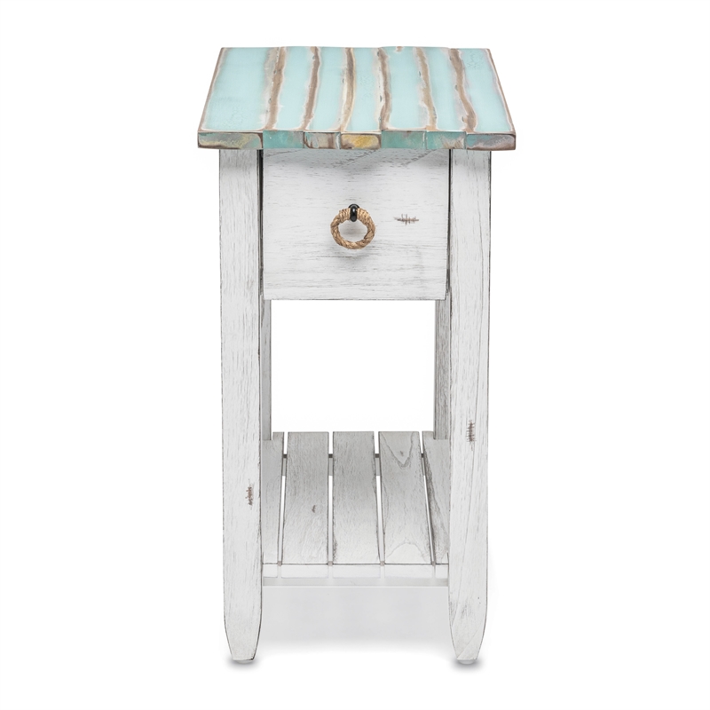 Pemberly Row Contemporary Wood Chairside Table with Drawer in White/Blue
