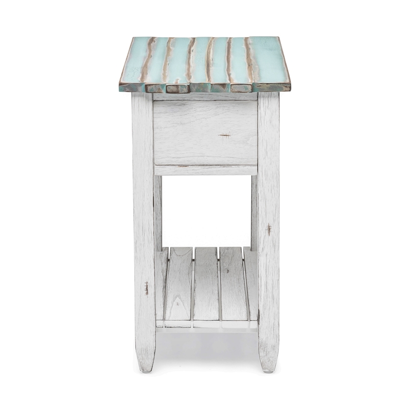 Pemberly Row Contemporary Wood Chairside Table with Drawer in White/Blue