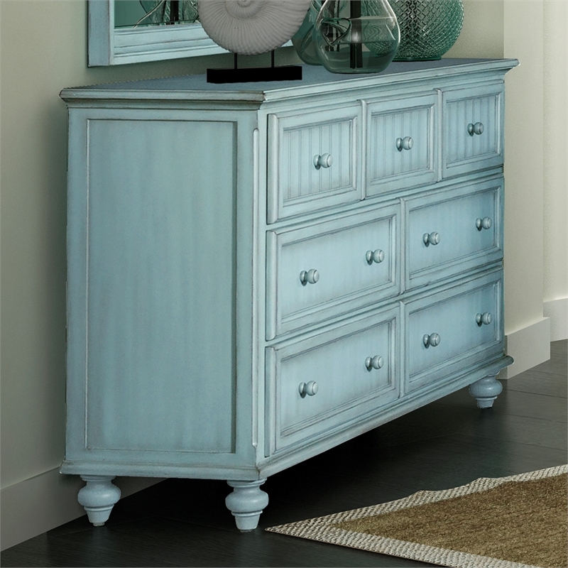 Pemberly Row Modern Coastal Wood Dresser with 7-Drawers in Blue
