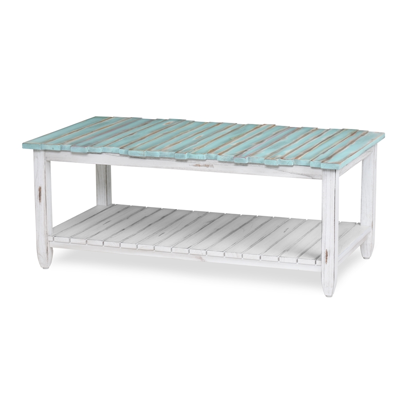 Pemberly Row Contemporary Solid Wood Coffee Table in White/Blue