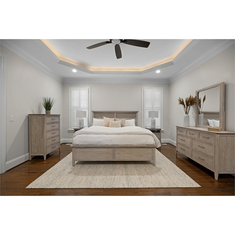 Pemberly Row Contemporary Solid Wood Queen Bed in Glazed Driftwood