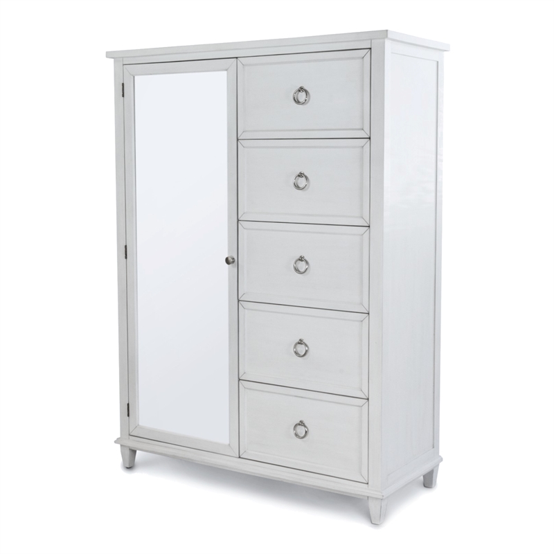 Pemberly Row Contemporary Mirrored Door Chest in White & Soft Grey Glaze