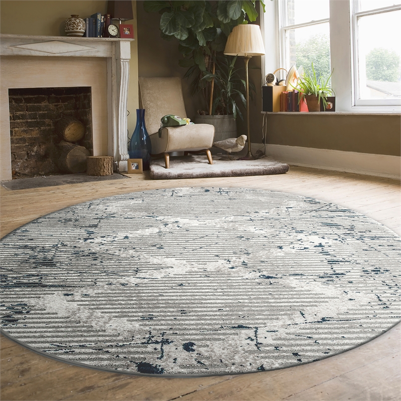 Pemberly Row Polyester Transitional Geometric Blue 5' Round Area Rug