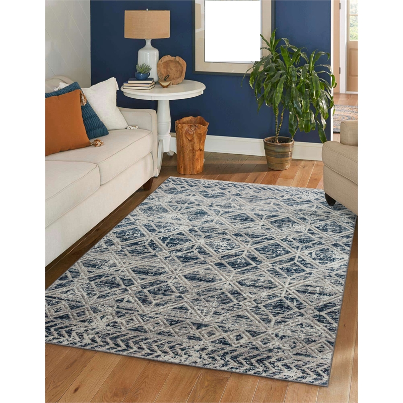 Pemberly Row Polyester Transitional Geometric Blue 3x5 Area Rug