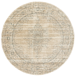 Pemberly Row 5'3 Round Traditional Oriental Vintage Area Rug in Bone Ivory