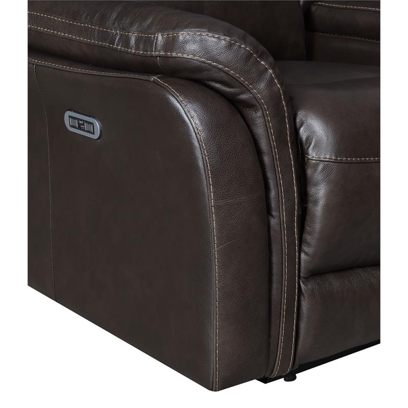 Pemberly Row Contemporary Dark Brown Leather Power Recliner Sofa