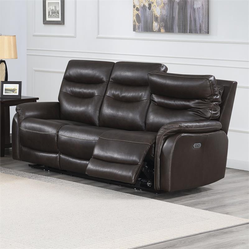 Pemberly Row Contemporary Dark Brown Leather Power Recliner Sofa