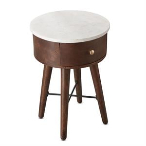 Pemberly Row Round White Marble Top and Brown Cherry Base End Table