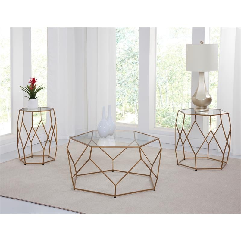 Pemberly Row Hexagonal Clear Glass and Metal Chairside End Table