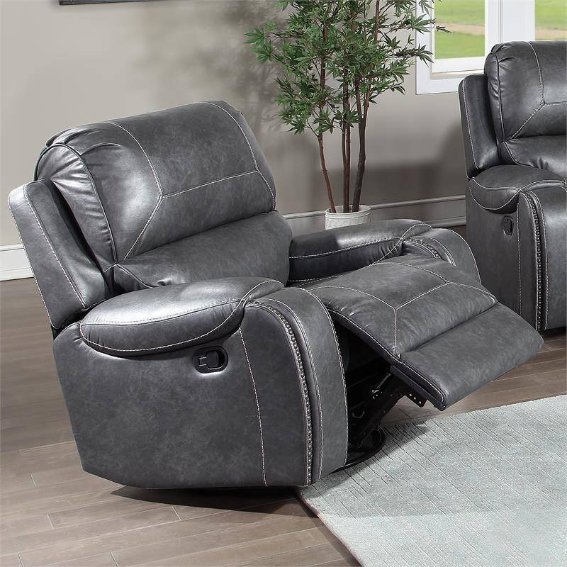 Pemberly Row Gray Faux Leather Manual Swivel Glider Recliner Chair