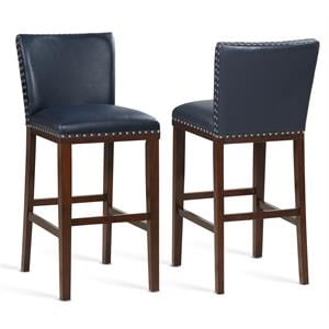 Pemberly Row Navy Faux Leather and Espresso Finish Bar Stool