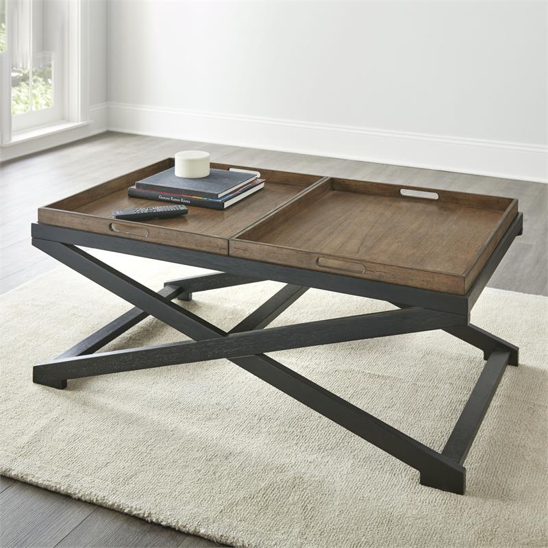 Pemberly Row Transitional Walnut and Ebony Solid Wood Cocktail Table