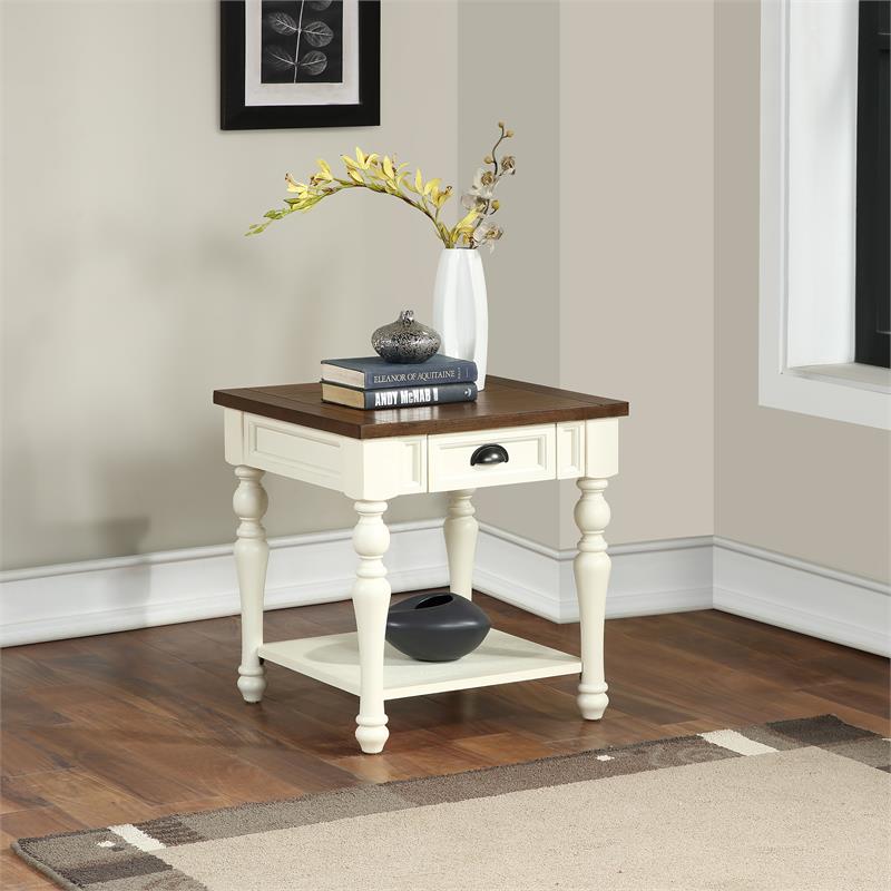 Pemberly Row Farmhouse Two-tone Ivory and Mocha Wood End Table