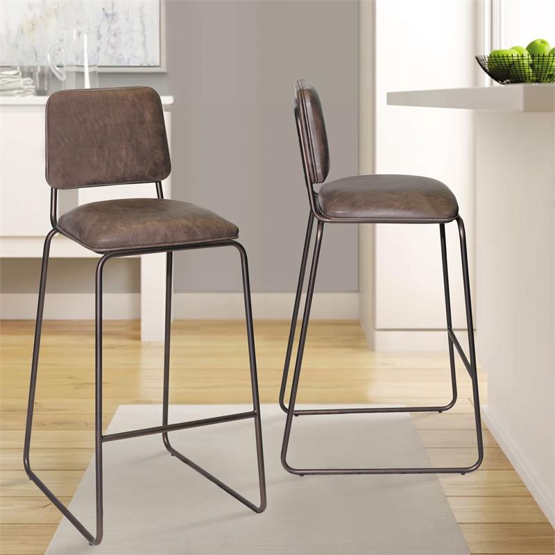Pemberly Row Metal Bar Stool with Cocoa Brown Faux Leather Seat