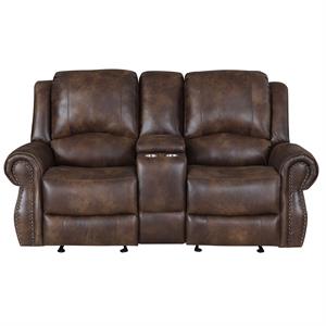 Pemberly Row Saddle Brown Faux Leather Reclining Console Loveseat