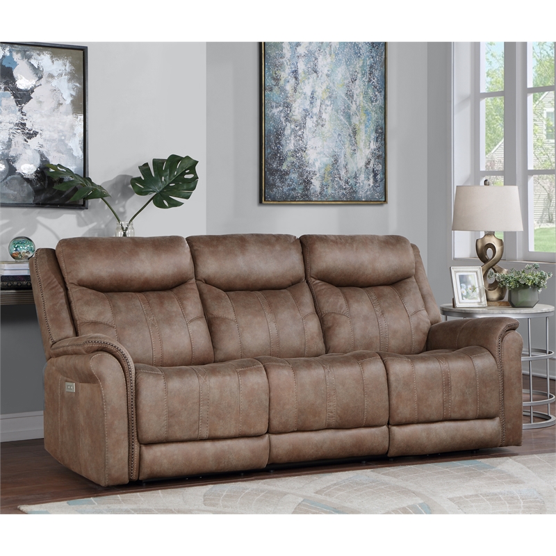 Pemberly Row Camel Brown Polyester Faux Suede Leather Power Reclining Sofa