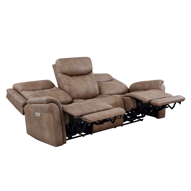 Pemberly Row Camel Brown Polyester Faux Suede Leather Power Reclining Sofa