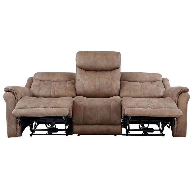 Pemberly Row Camel Brown Polyester Faux Suede Leather Power Reclining Sofa