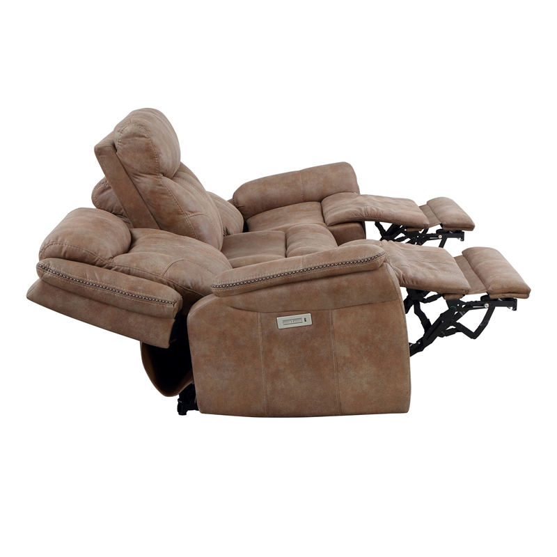 Pemberly Row Camel Brown Polyester Faux Suede Leather Power Reclining Sofa