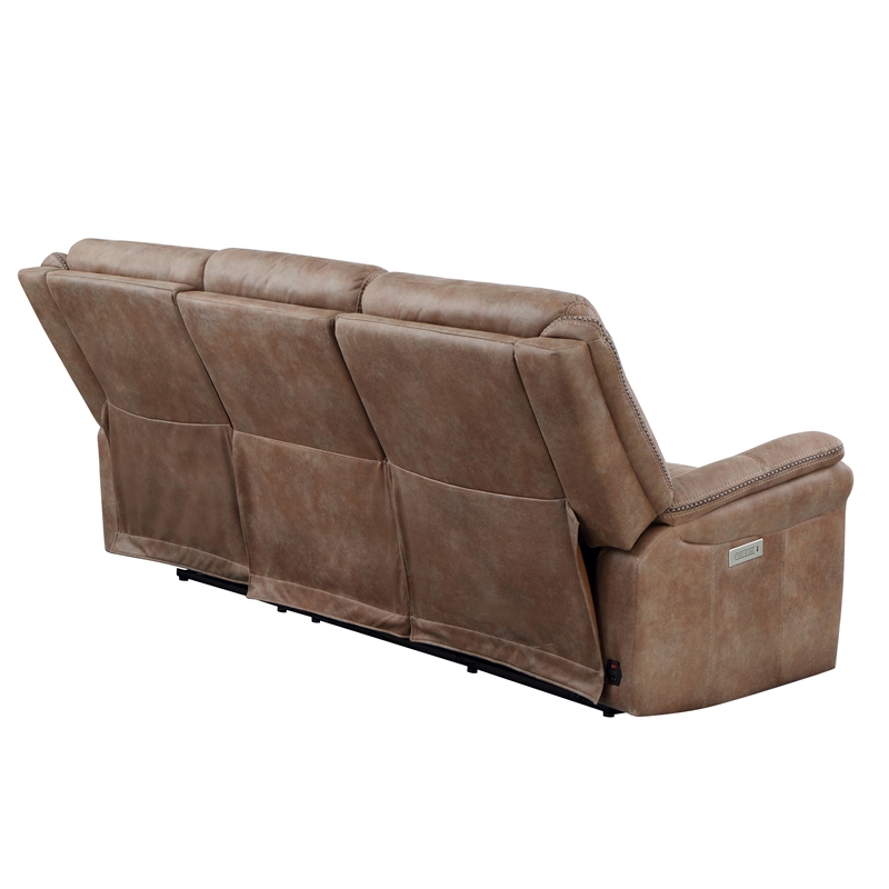 Pemberly Row Camel Brown Polyester Faux Suede Leather Power Reclining Sofa