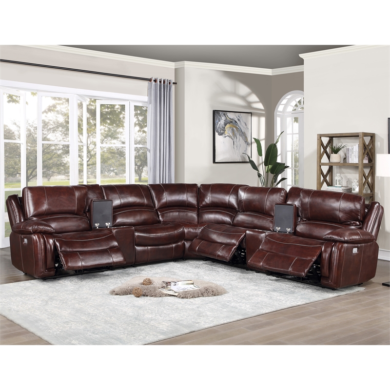 Pemberly Row Brown Leather 7-Piece Power Reclining Sectional